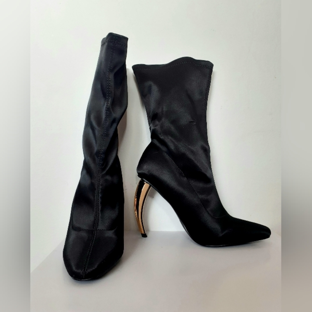 Pointed Toe Curved Gold Heel Silky Sock Booties - Size 7.5